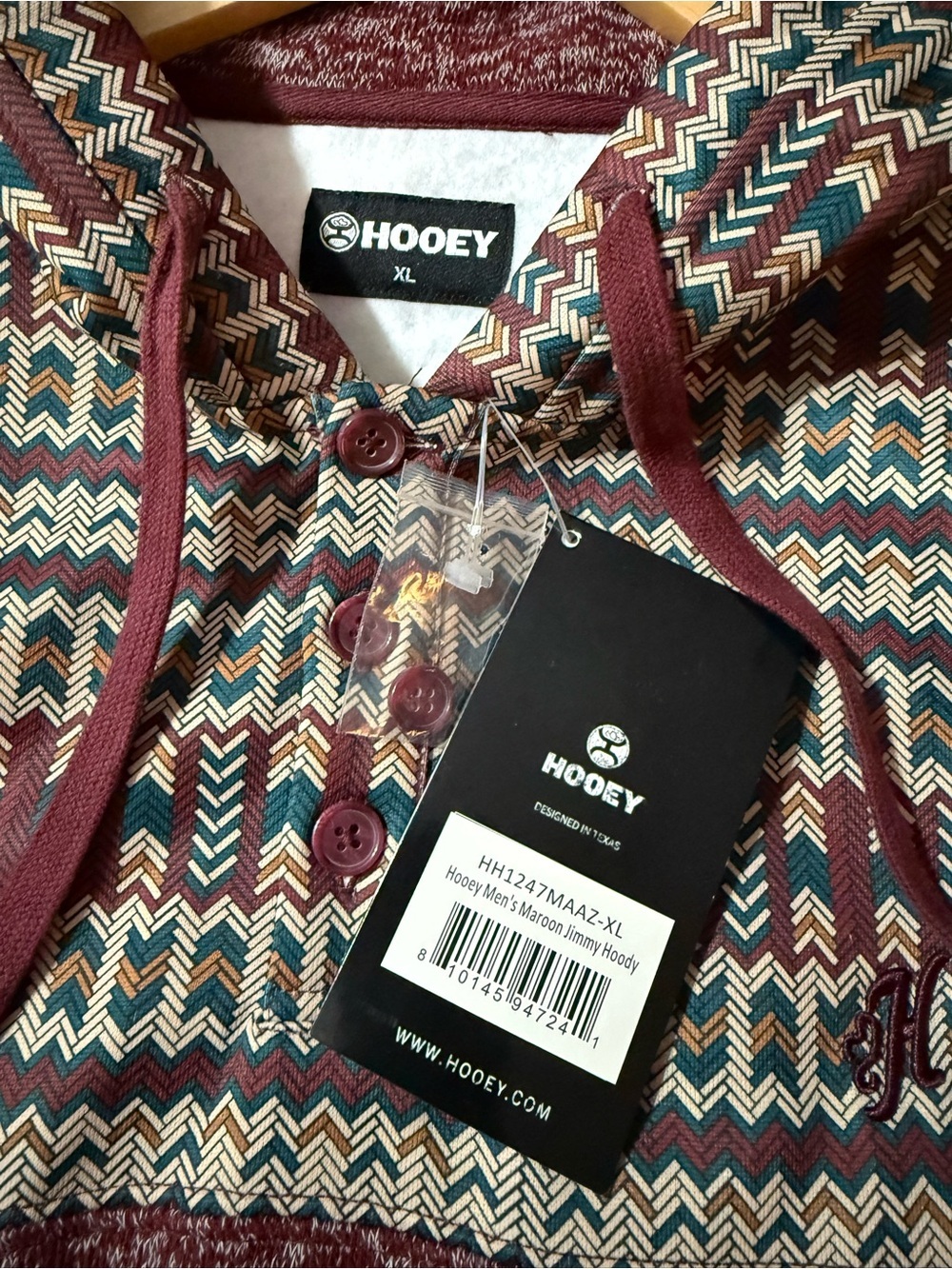 HOOEY Men's Maroon Jimmy Aztec Patterned Pullover Hoodie 0166 - Picture 5 of 12